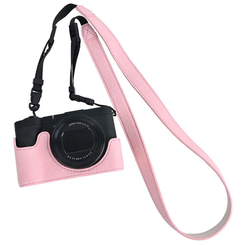 For Canon PowerShot V1 Camera Half Case Litchi Texture Battery Opening PU Leather Cover with Shoulder Strap - Pink - 1
