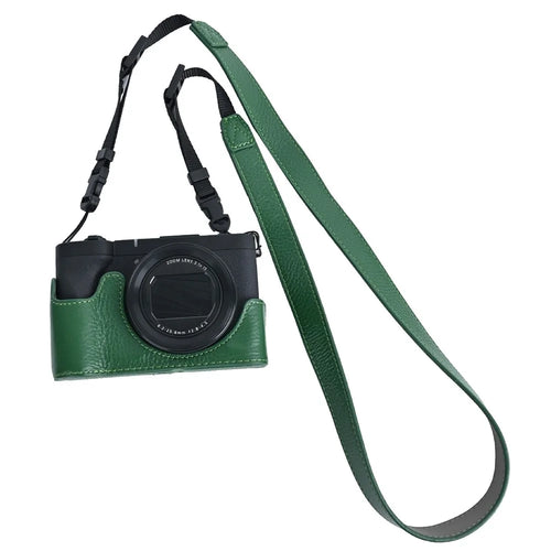 For Canon PowerShot V1 Camera Case Genuine Cow Leather Protective Cover with Shoulder Strap - Green - 1