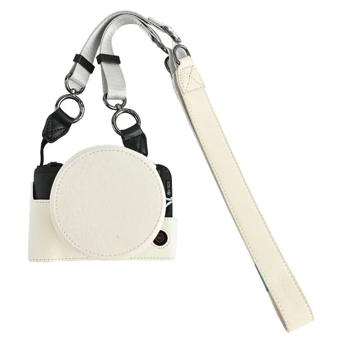 For Canon EOS R50 V Camera Half Case Litchi Texture Battery Opening PU Leather Cover with Shoulder Strap and Lens Cap - White - 1