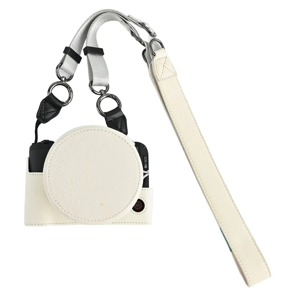 For Canon EOS R50 V Camera Half Case Litchi Texture Battery Opening PU Leather Cover with Shoulder Strap and Lens Cap - White - 1
