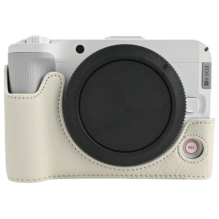 For Canon EOS R50 V Camera Half Case Litchi Texture Battery Opening PU Leather Cover with Shoulder Strap and Lens Cap - White - 3