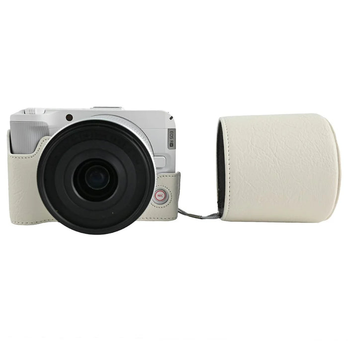 For Canon EOS R50 V Camera Half Case Litchi Texture Battery Opening PU Leather Cover with Shoulder Strap and Lens Cap - White - 5