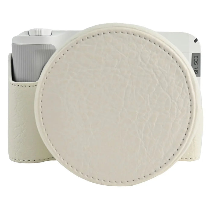 For Canon EOS R50 V Camera Half Case Litchi Texture Battery Opening PU Leather Cover with Shoulder Strap and Lens Cap - White - 6