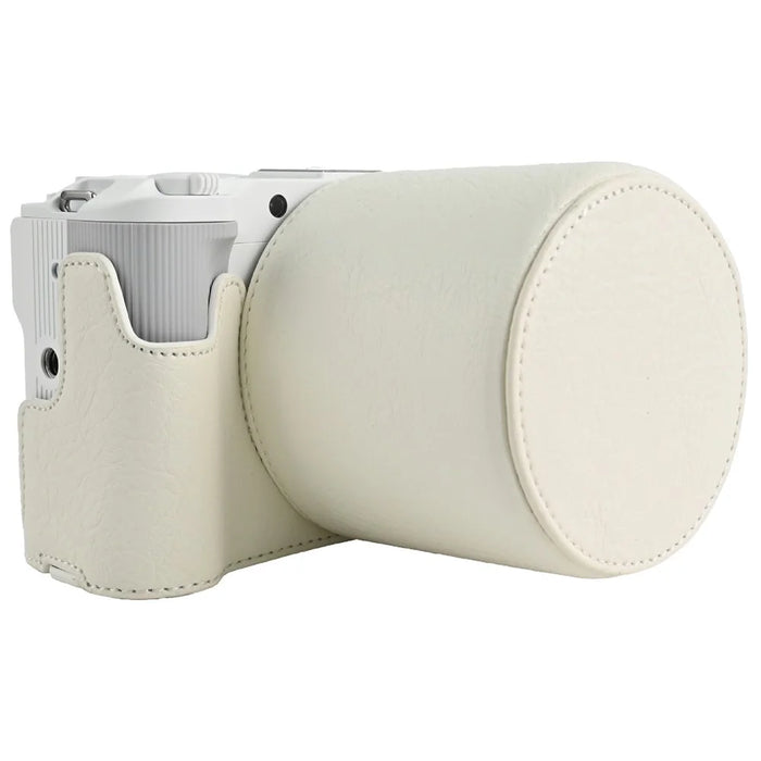 For Canon EOS R50 V Camera Half Case Litchi Texture Battery Opening PU Leather Cover with Shoulder Strap and Lens Cap - White - 7