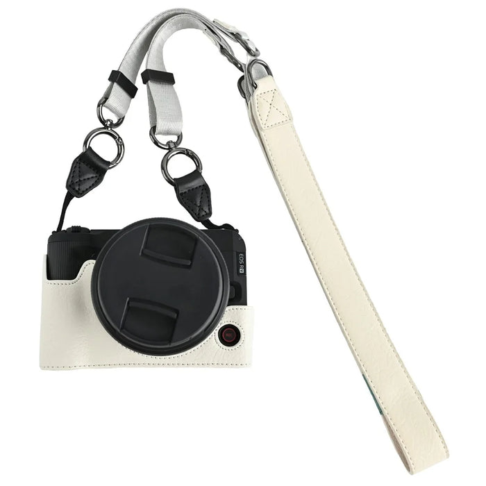 For Canon EOS R50 V Camera Half Case Litchi Texture Battery Opening PU Leather Cover with Shoulder Strap - White - 1