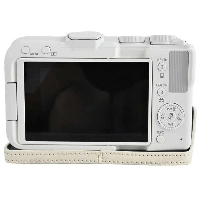 For Canon EOS R50 V Camera Half Case Litchi Texture Battery Opening PU Leather Cover with Shoulder Strap - White - 4