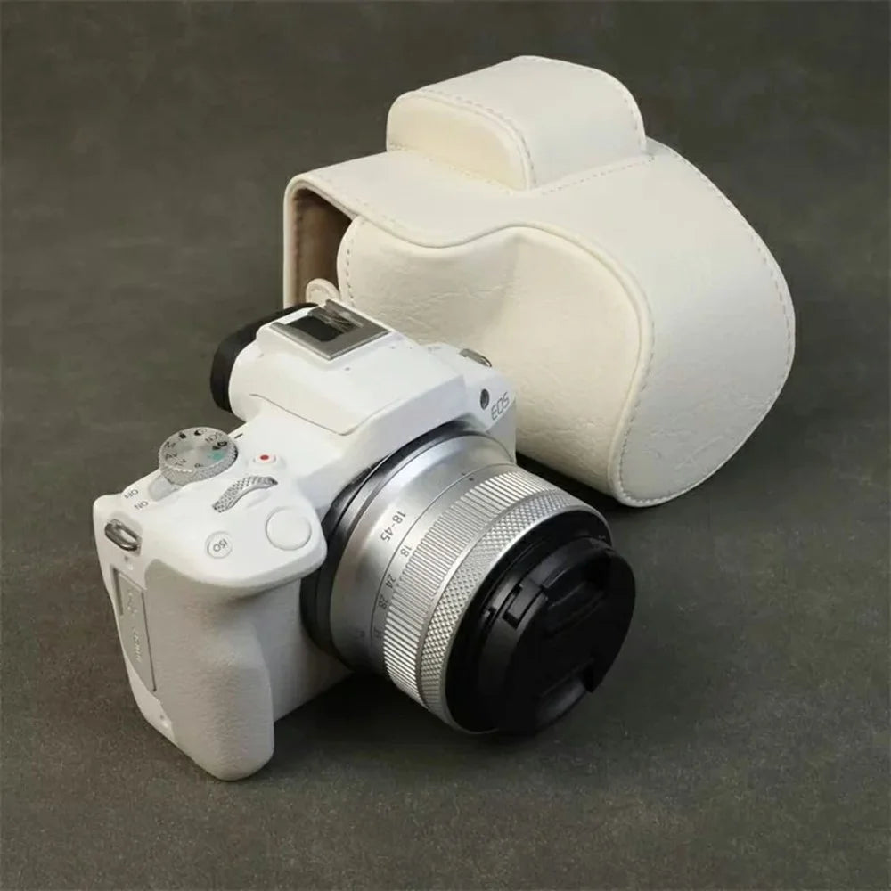 For Canon EOS R100  /  R50 Camera Case Litchi Texture PU Leather Bag Protective Cover with Shoulder Strap - White - 3