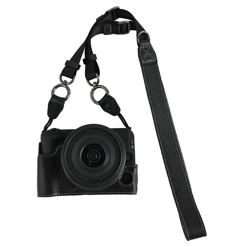 For Canon EOS R50 V Camera Case Genuine Cow Leather Protective Cover with Shoulder Strap - Black - 1