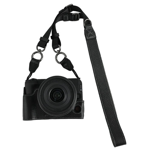 For Canon EOS R50 V Camera Case Genuine Cow Leather Protective Cover with Shoulder Strap - Black - 1