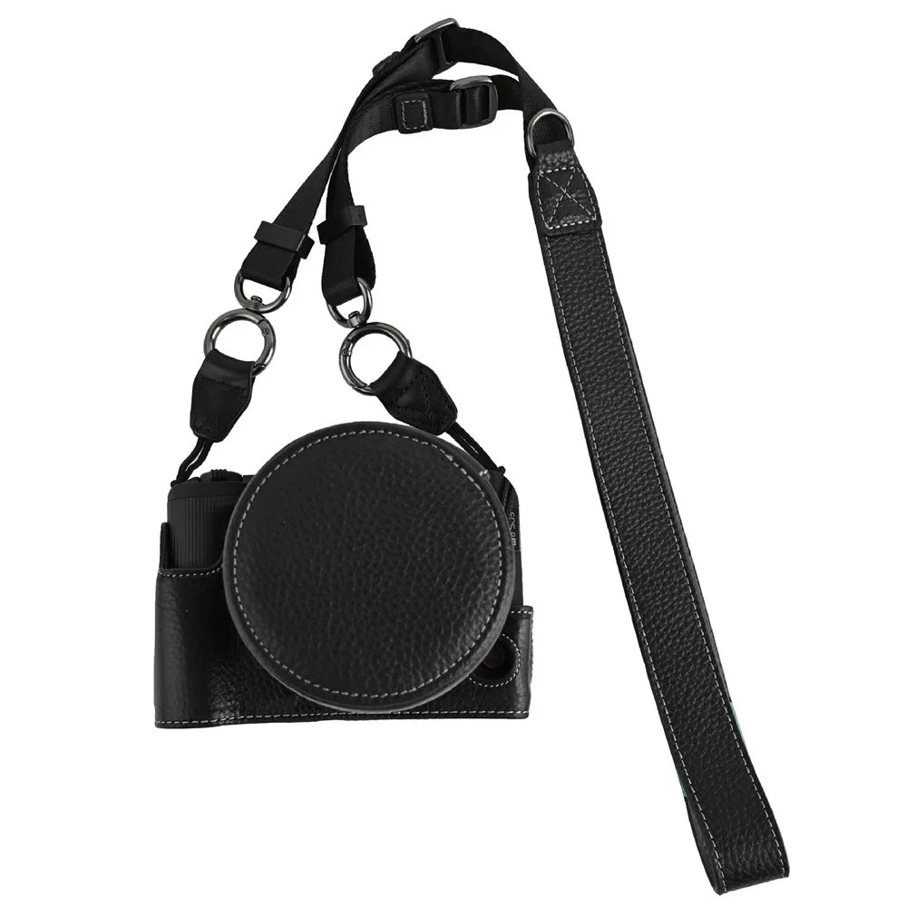 For Canon EOS R50 V Camera Case Genuine Cow Leather Protective Cover with Shoulder Strap and Lens Cap - Black - 1
