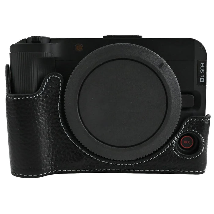 For Canon EOS R50 V Camera Case Genuine Cow Leather Protective Cover with Shoulder Strap and Lens Cap - Black - 4