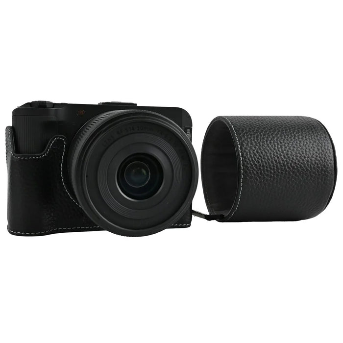 For Canon EOS R50 V Camera Case Genuine Cow Leather Protective Cover with Shoulder Strap and Lens Cap - Black - 6