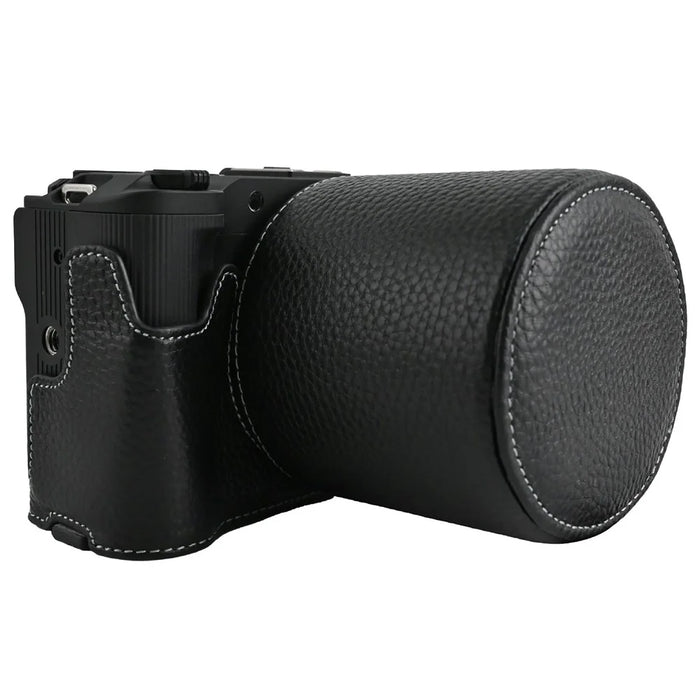 For Canon EOS R50 V Camera Case Genuine Cow Leather Protective Cover with Shoulder Strap and Lens Cap - Black - 7