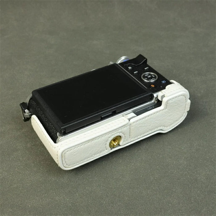 For Olympus PEN E-P7 Camera Bottom Case Buffalo Texture PU Leather Protective Half Cover with Battery Access - White - 5
