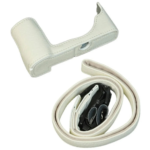 For Olympus PEN E-P7 Camera Bottom Case Buffalo Texture Battery Opening PU Leather Half Cover with Shoulder Strap - White - 1