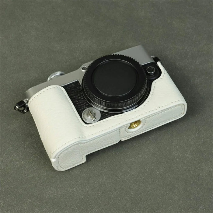 For Olympus PEN E-P7 Camera Bottom Case Buffalo Texture Battery Opening PU Leather Half Cover with Shoulder Strap - White - 3