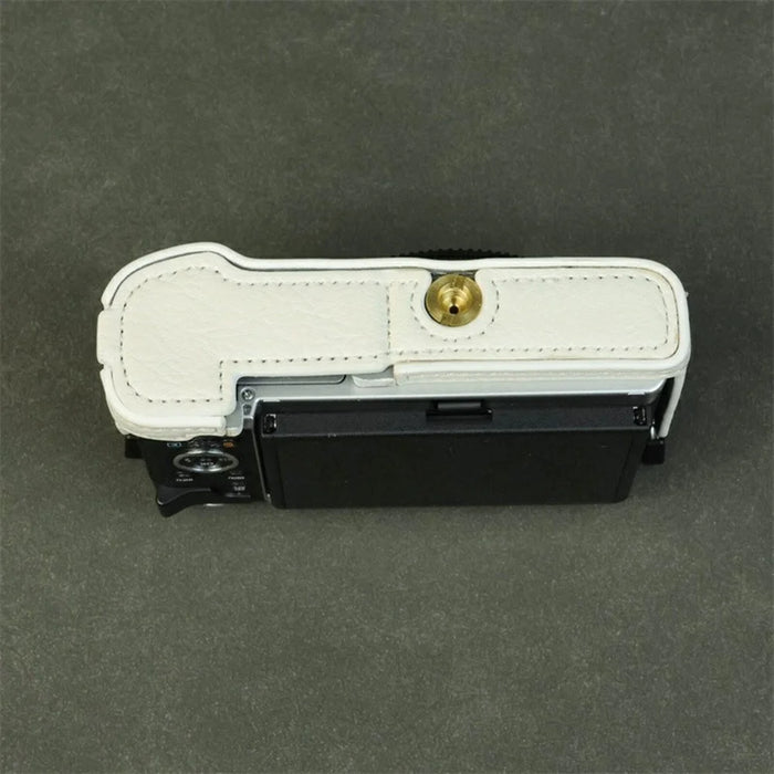 For Olympus PEN E-P7 Camera Bottom Case Buffalo Texture Battery Opening PU Leather Half Cover with Shoulder Strap - White - 6