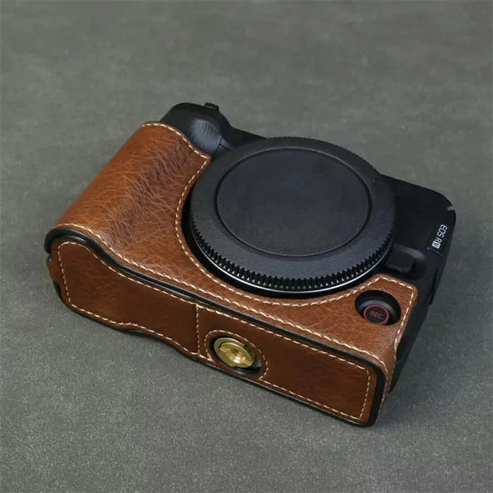 For Canon EOS R50 V Buffalo Texture PU Leather Bottom Case Half Body Camera Cover with Battery Opening - Coffee - 3