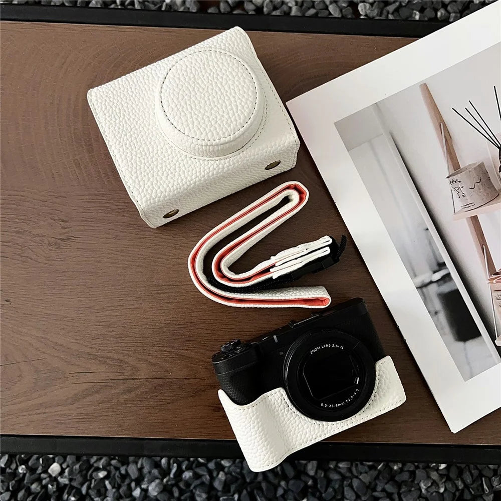 For Canon PowerShot V1 Camera Case Battery Opening Leather Protective Cover with Shoulder Strap - White - 2