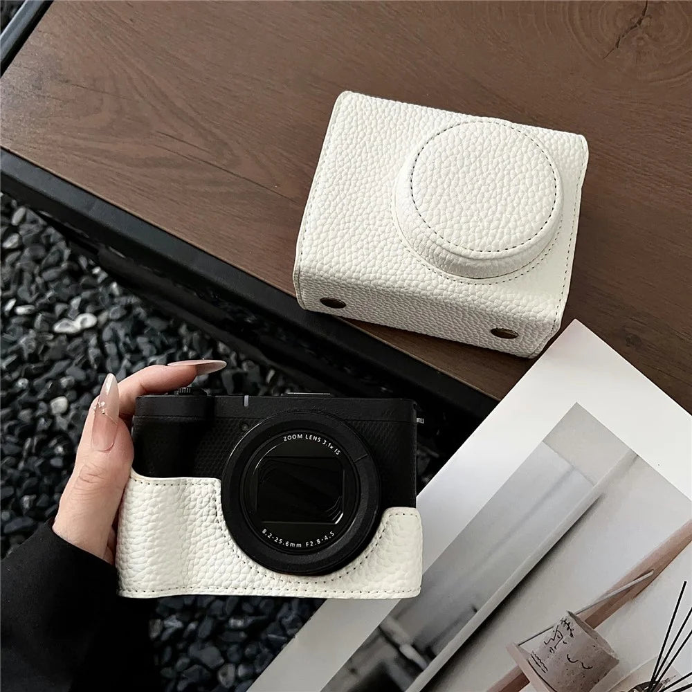 For Canon PowerShot V1 Camera Case Battery Opening Leather Protective Cover with Shoulder Strap - White - 3