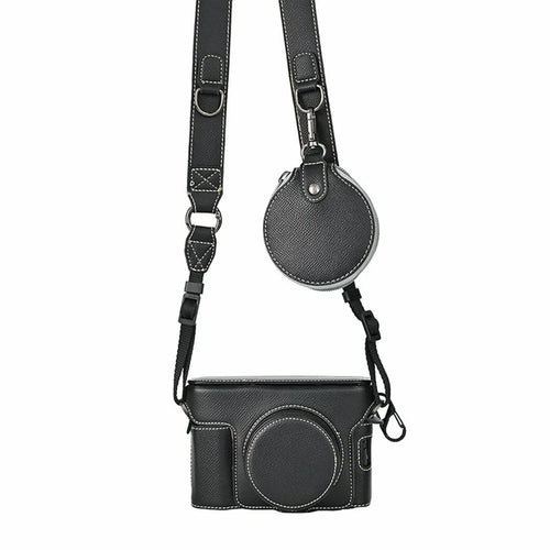 For Fujifilm X100VI Camera Case Textured PU Leather Cover with Battery Hole + Strap + Lens Storage Bag - Black - 1