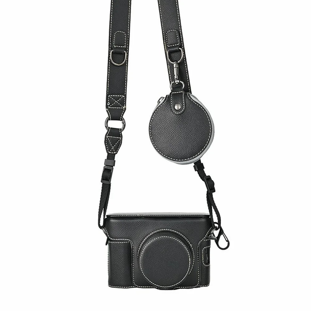 For Fujifilm X100VI Camera Case Textured PU Leather Cover with Battery Hole + Strap + Lens Storage Bag - Black - 1