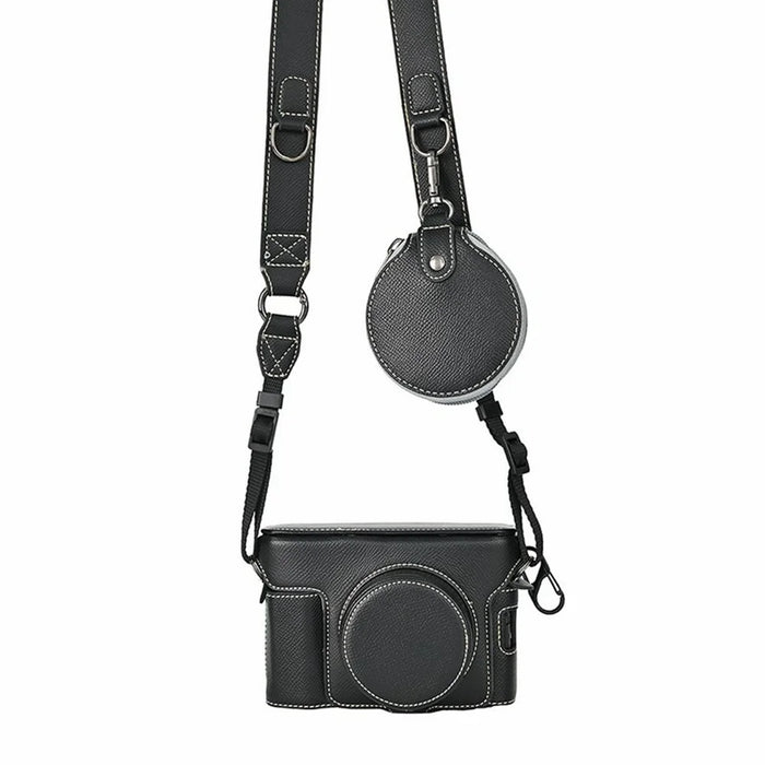 For Fujifilm X100VI Camera Case Textured PU Leather Cover with Battery Hole + Strap + Lens Storage Bag - Black - 1