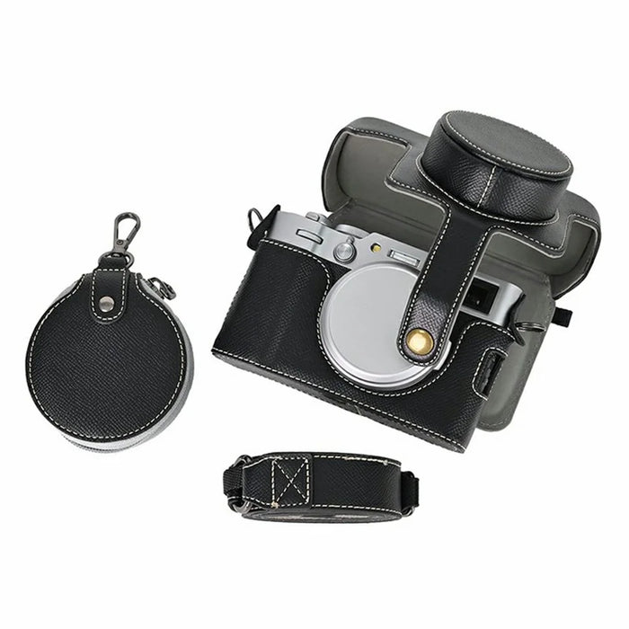 For Fujifilm X100VI Camera Case Textured PU Leather Cover with Battery Hole + Strap + Lens Storage Bag - Black - 2