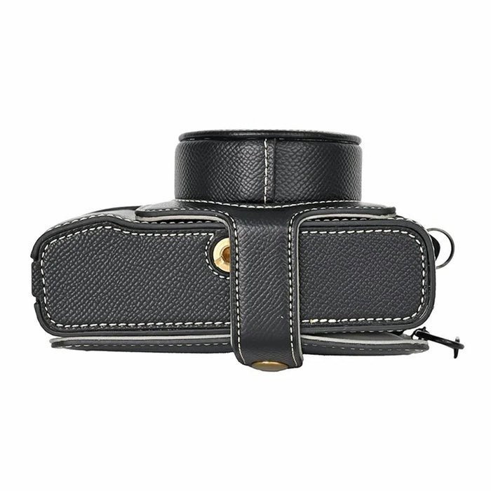 For Fujifilm X100VI Camera Case Textured PU Leather Cover with Battery Hole + Strap + Lens Storage Bag - Black - 3