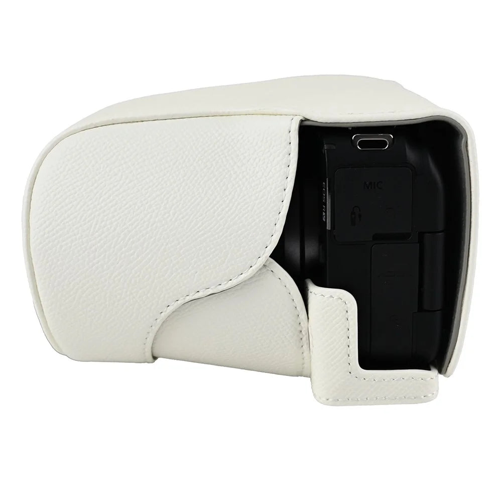 For Canon EOS R50 V Textured PU Leather Camera Case with Battery Hole + Strap - White - 6