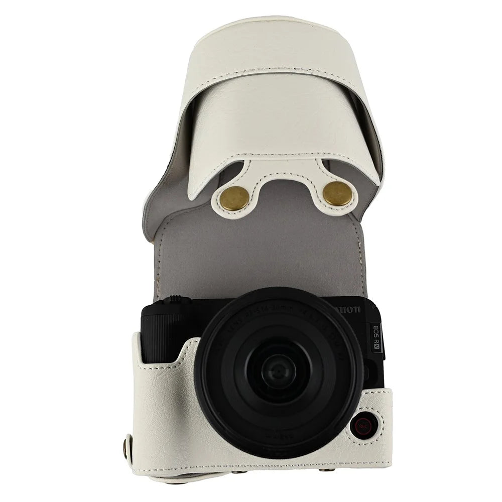 For Canon EOS R50 V Camera Case Litchi Texture Leather Cover with Battery Hole + Strap - White - 2