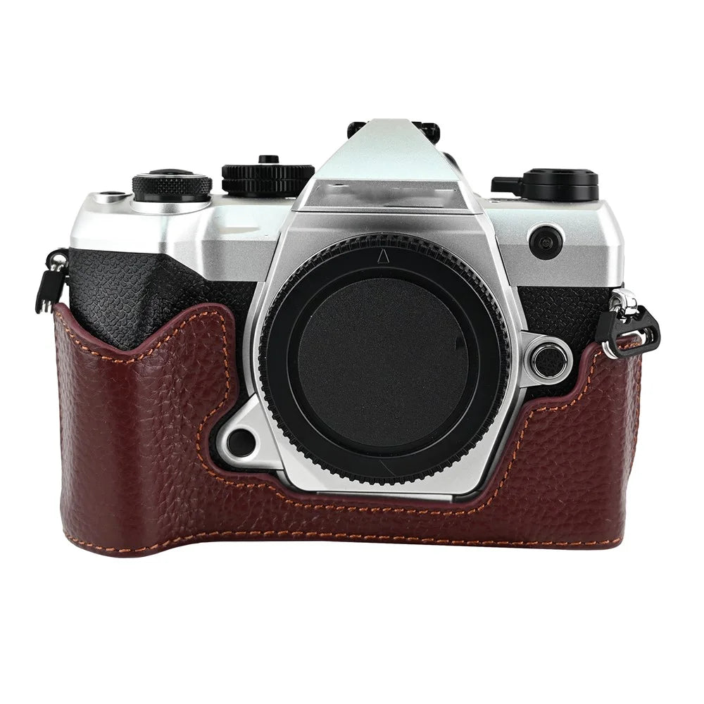For Olympus OM-5 Mark II Camera Base Genuine Cow Leather Protective Cover - Coffee - 1
