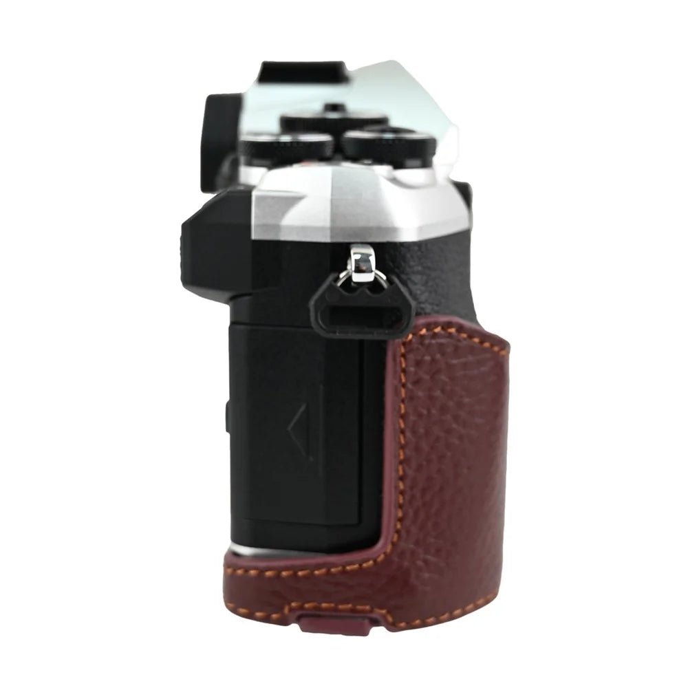 For Olympus OM-5 Mark II Camera Base Genuine Cow Leather Protective Cover - Coffee - 4