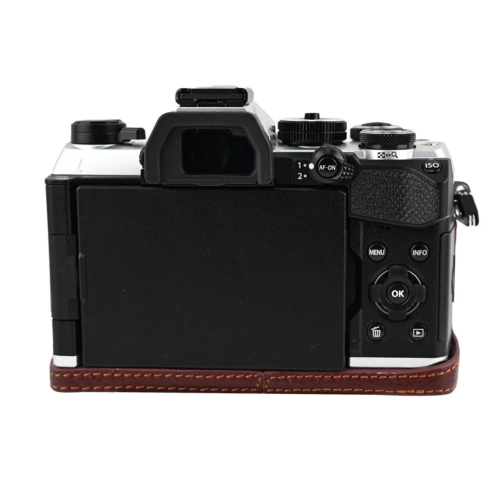 For Olympus OM-5 Mark II Camera Base Genuine Cow Leather Protective Cover - Coffee - 5