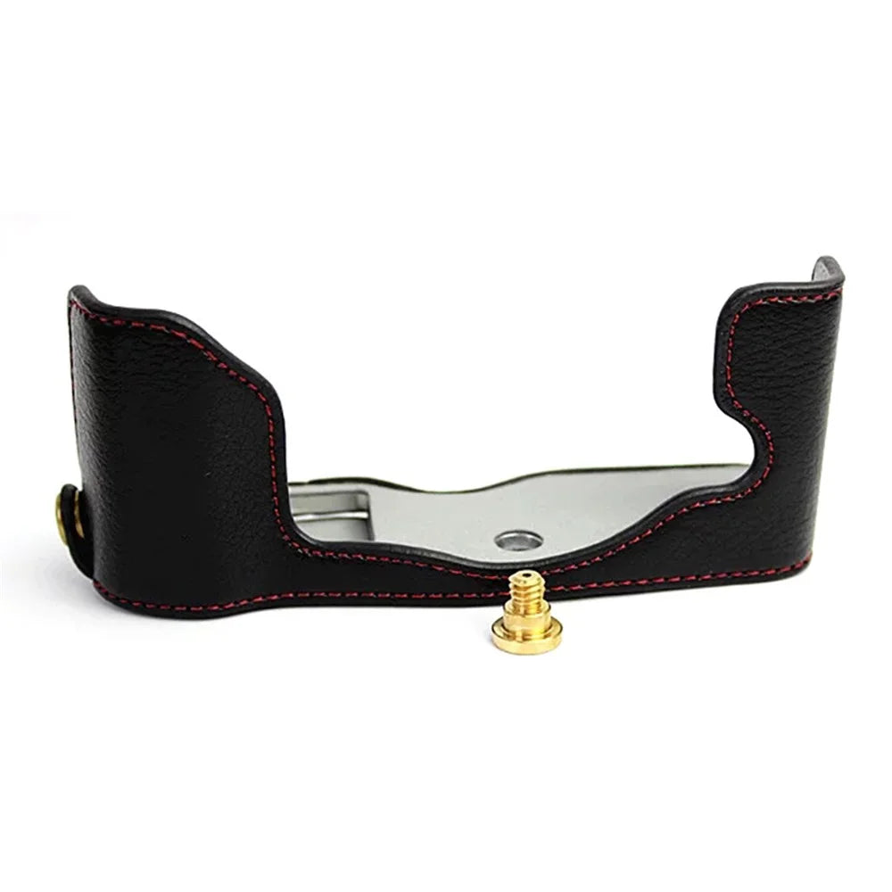 For Olympus PEN-F Genuine Leather Camera Case Bottom Opening Design Protective Half Body Cover - Black - 1