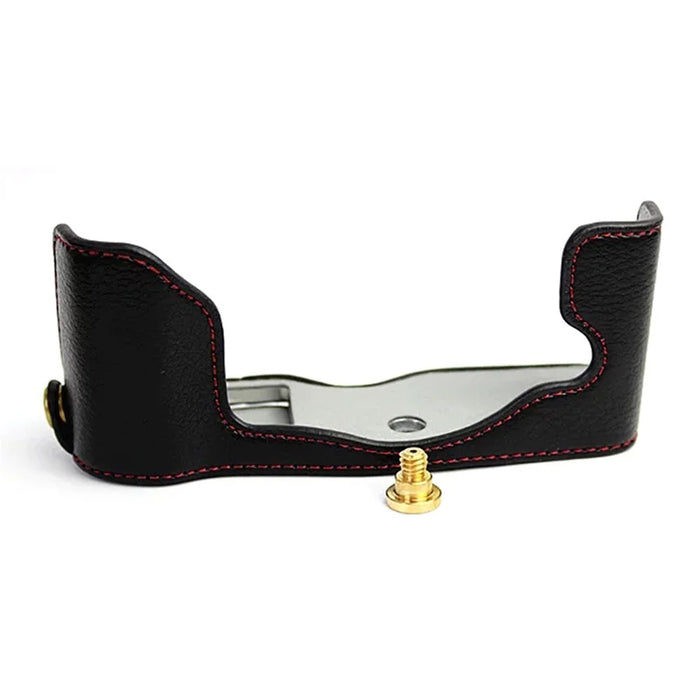 For Olympus PEN-F Genuine Leather Camera Case Bottom Opening Design Protective Half Body Cover - Black - 1