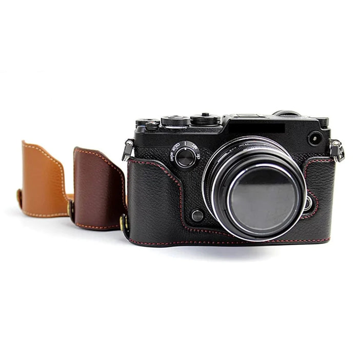 For Olympus PEN-F Genuine Leather Camera Case Bottom Opening Design Protective Half Body Cover - Black - 2