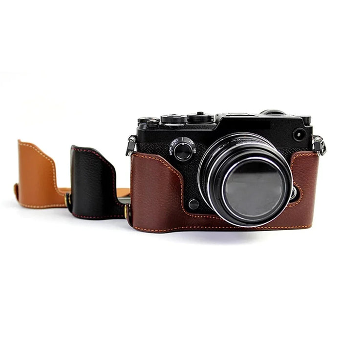 For Olympus PEN-F Genuine Leather Camera Case Bottom Opening Design Protective Half Body Cover - Black - 3