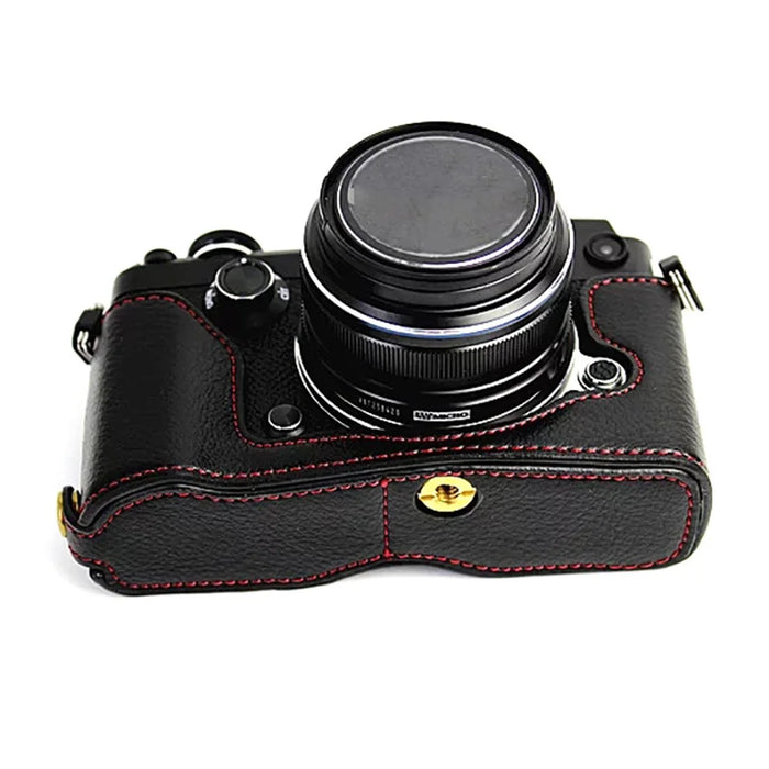 For Olympus PEN-F Genuine Leather Camera Case Bottom Opening Design Protective Half Body Cover - Black - 5