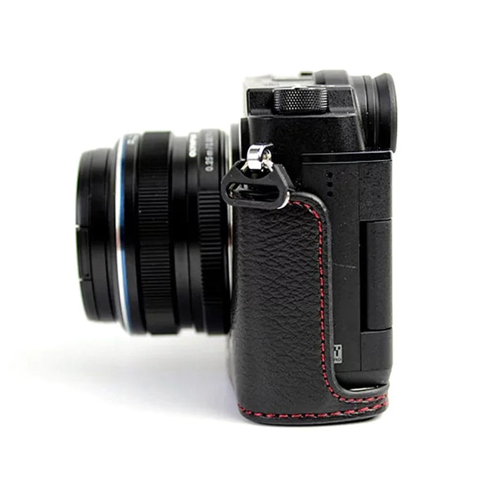 For Olympus PEN-F Genuine Leather Camera Case Bottom Opening Design Protective Half Body Cover - Black - 7