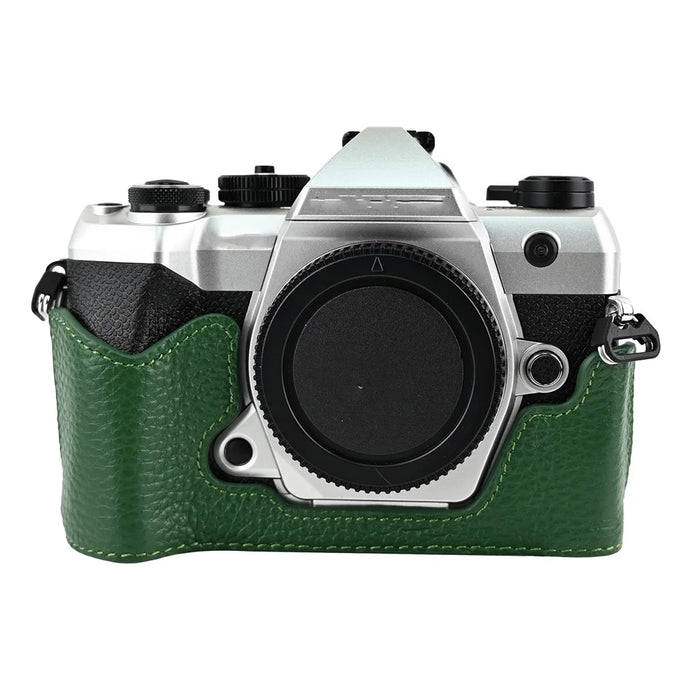 For Olympus OM-5 Mark II Camera Case Genuine Cow Leather Protective Cover with Shoulder Strap - Green - 2