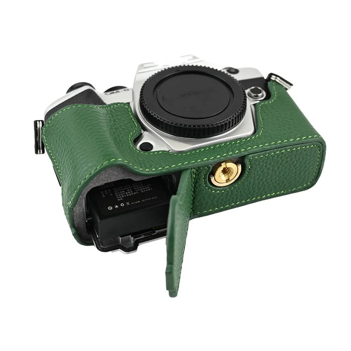 For Olympus OM-5 Mark II Camera Case Genuine Cow Leather Protective Cover with Shoulder Strap - Green - 4