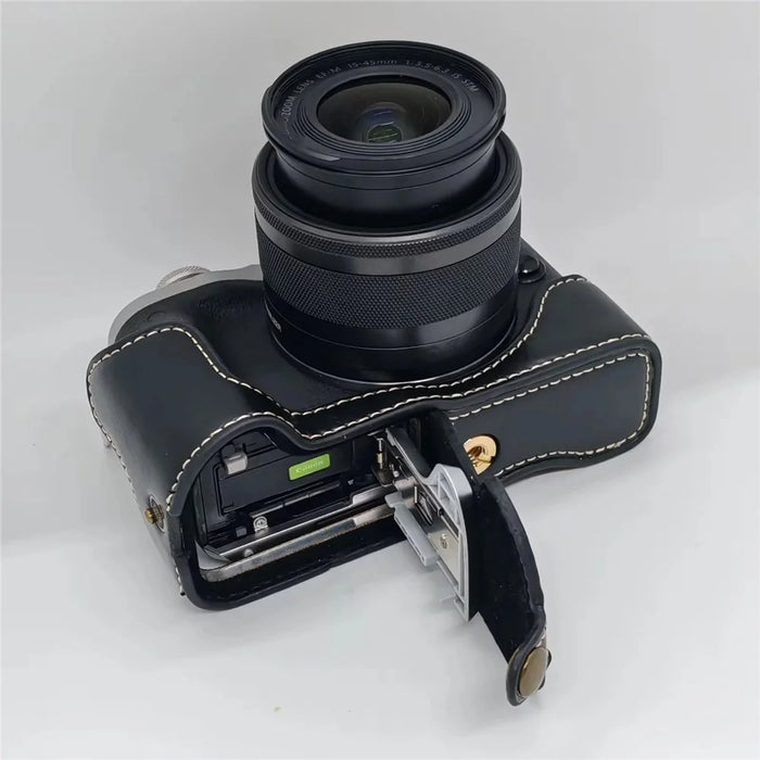 For Canon EOS M6 Camera Base Cover Vintage PU Leather Half Case with Battery Opening - Black - 3