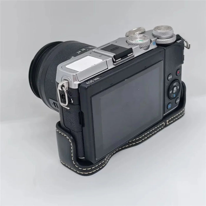 For Canon EOS M6 Camera Base Cover Vintage PU Leather Half Case with Battery Opening - Black - 5