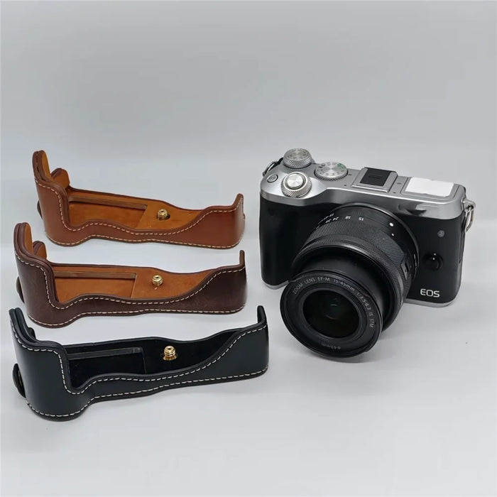 For Canon EOS M6 Camera Base Cover Vintage PU Leather Half Case with Battery Opening - Black - 7