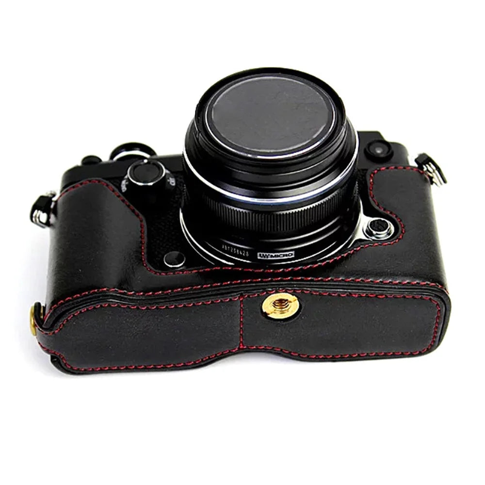 For Olympus PEN-F Digital Camera PU Leather Protective Case Half Body Cover with Bottom Opening - Black - 2