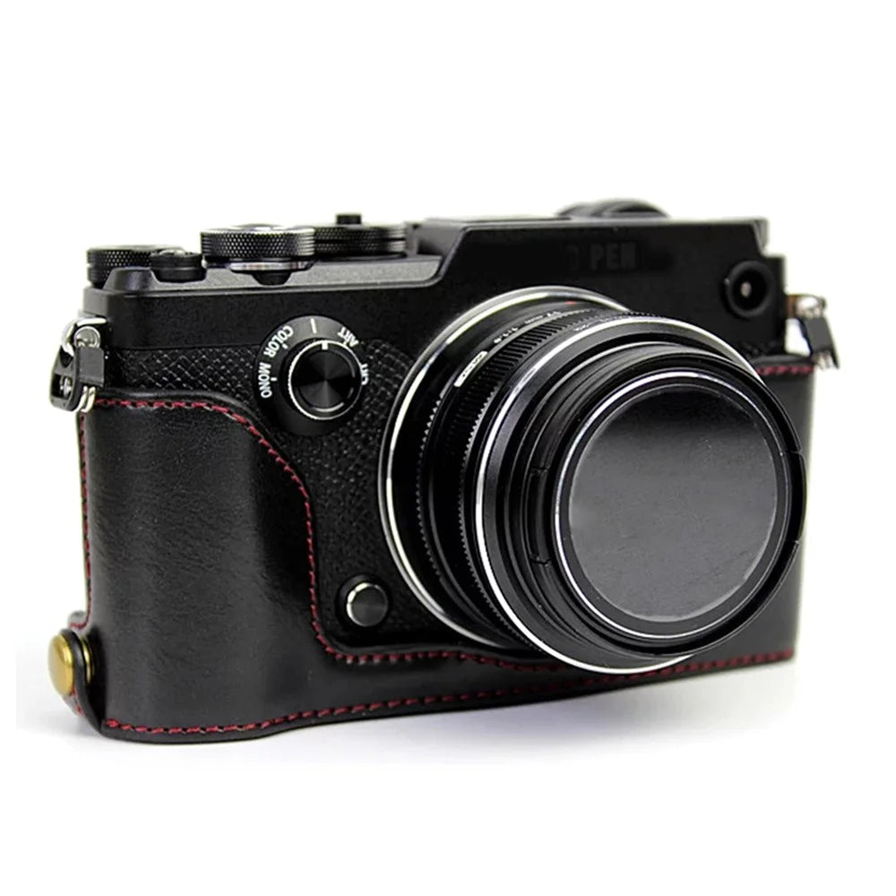 For Olympus PEN-F Digital Camera PU Leather Protective Case Half Body Cover with Bottom Opening - Black - 3