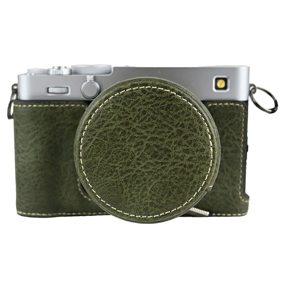 For Fujifilm X-E5 Camera Half Case Battery Opening Litchi Texture Leather Bottom Cover with Lens Cap - Green - 1