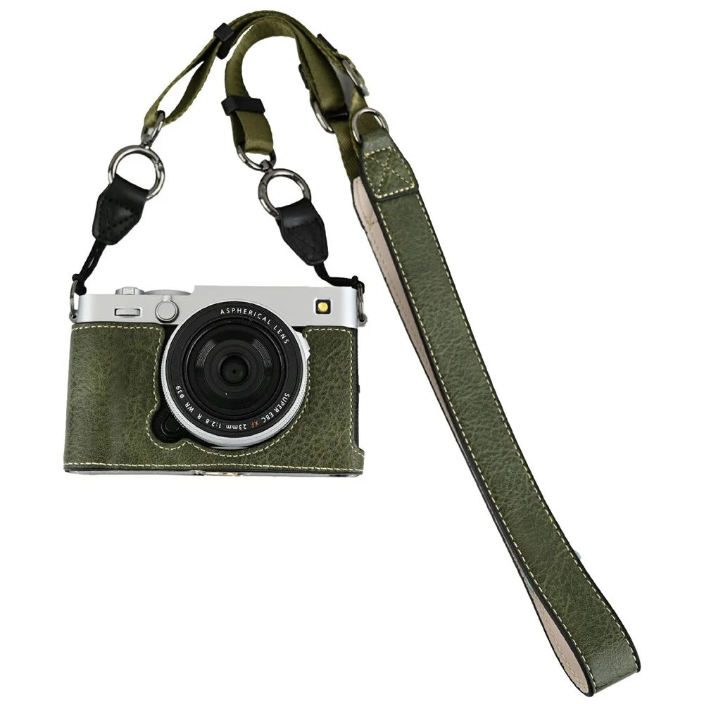 For Fujifilm X-E5 Camera Half Case Battery Opening Litchi Texture Leather Bottom Cover with Shoulder Strap - Green - 1