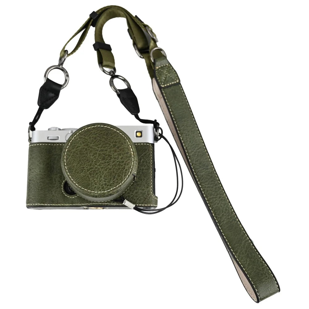For Fujifilm X-E5 Camera Half Case Battery Opening Litchi Texture Leather Bottom Cover with Lens Cap and Shoulder Strap - Green - 1